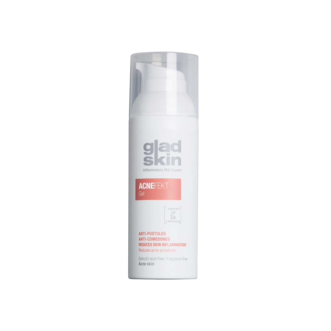 Een afbeelding van een Gladskin Acnefekt flacon, te gebruiken bij puistjes en irritaties