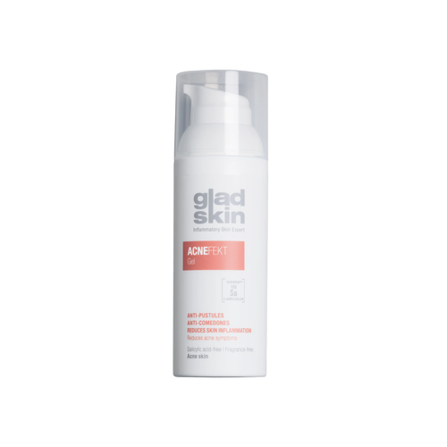 Een afbeelding van een Gladskin Acnefekt flacon, te gebruiken bij puistjes en irritaties