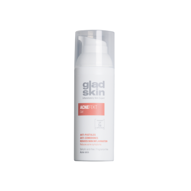 Een afbeelding van een Gladskin Acnefekt flacon, te gebruiken bij puistjes en irritaties